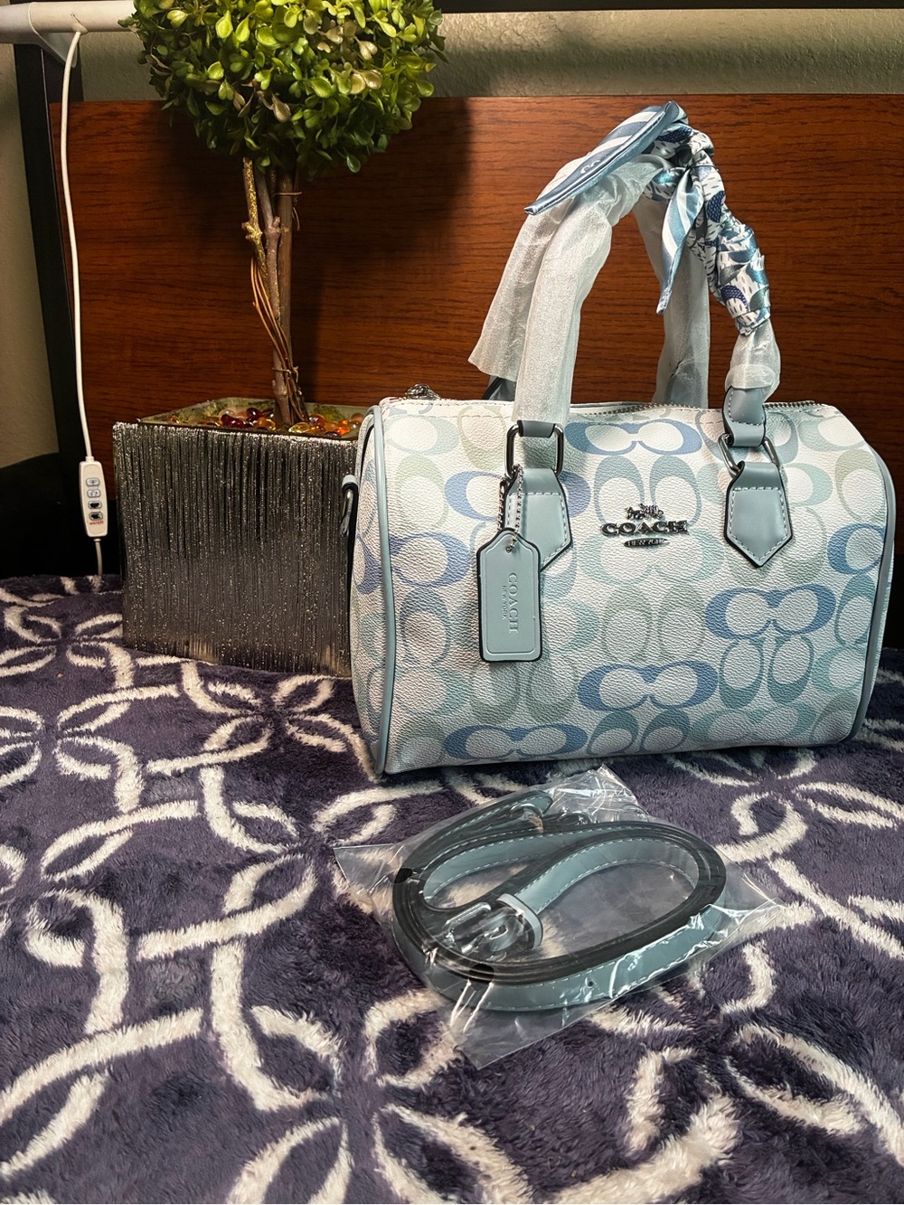 💎Coach Rowan Satchel Bag in Signature (Light Blue/Lavender Gradient) with Scarf